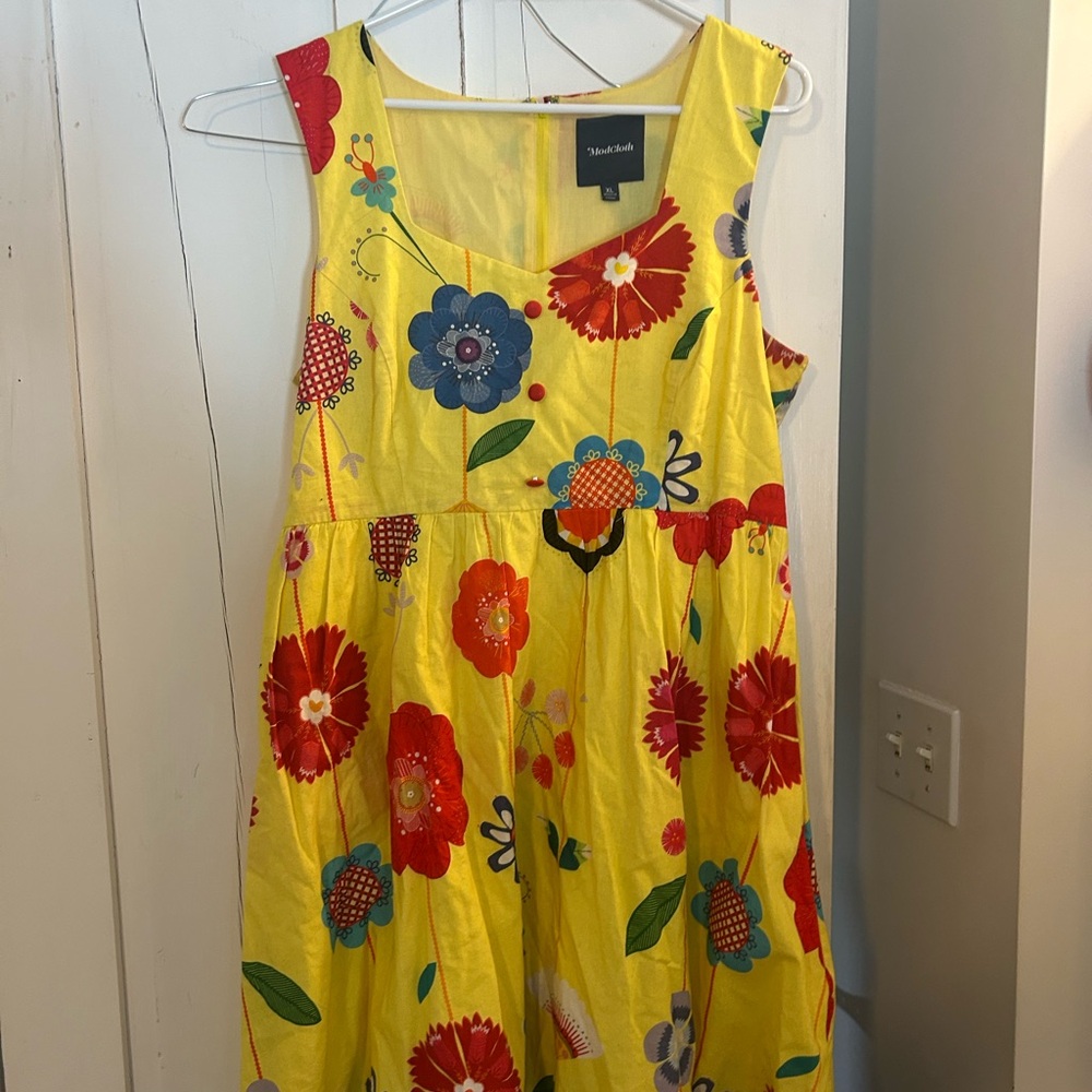 Modcloth Bright Yellow Dress with Floral Print and pockets.